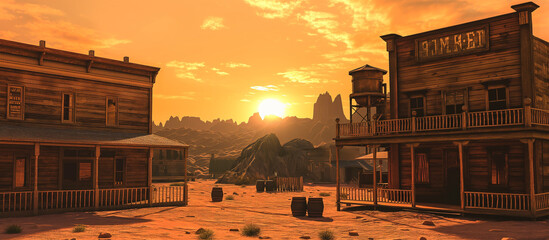 Wall Mural - The wild west saloon in a western desert town, game background, Illustration