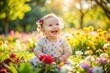 © onehourhappiness - Happy little baby girl sitting in the flowers field on a sunny day