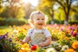 © onehourhappiness - Happy little baby girl sitting in the flowers field on a sunny day