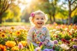 © onehourhappiness - Happy little baby girl sitting in the flowers field on a sunny day