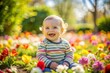 © onehourhappiness - Happy little baby girl sitting in the flowers field on a sunny day