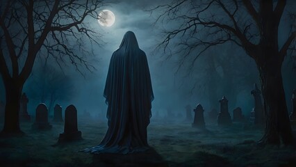 A ghost with long flowing robes and a haunting, ethereal appearance, drifting through a misty, moonlit graveyard perfect for Halloween