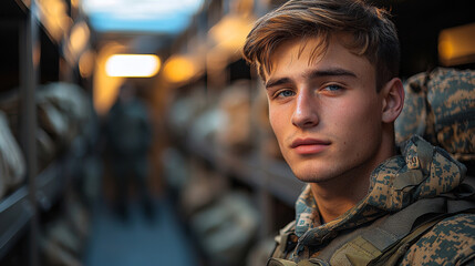 Sticker - Young man in military uniform stands in a warehouse.