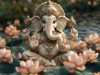 A serene statue of Lord Ganesha, the Hindu god of wisdom and prosperity, amidst a bed of blooming lotus flowers.