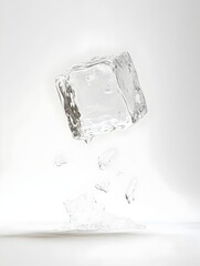 Poster - Ethereal frozen transparent cube shaped block dramatically suspended in mid air creating a captivating minimalist and modern conceptual image
