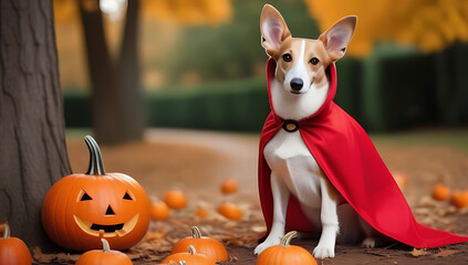 Wall Mural - halloween costume dog pets web banner cute whippet dog dressed little red riding hood sitting near pumpkins fanny halloween welsh corgi pembroke dog costume