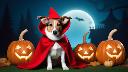 Wall Mural - halloween costume dog pets web banner cute whippet dog dressed little red riding hood sitting near pumpkins fanny halloween welsh corgi pembroke dog costume