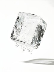 Poster - Floating Transparent Ice Cube on White Background  Minimalist and abstract frozen water block with natural light and refraction effects