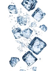 Poster - Floating ice cubes forming splashing droplets of water on a reflective surface  Transparent and clear ice blocks in a minimalist abstract composition with a reflective glossy background