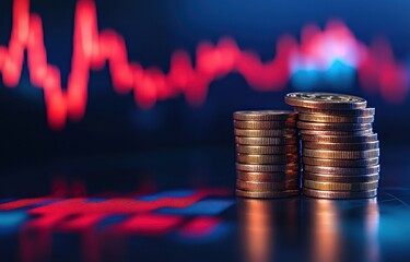 A stack of coins with stock market charts and graphs in the background, symbolizing financial growth or shaded by a rising line graph, set against an abstract digital backdrop Generative AI