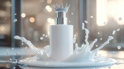 Wall Mural - Luxury Skincare Bottle with Crown and Milk Splash.