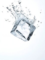 Poster - Frozen cube of ice shattering with a dynamic splash of icy water droplets in motion creating an abstract and transparent pattern with a minimalist reflective and conceptual design