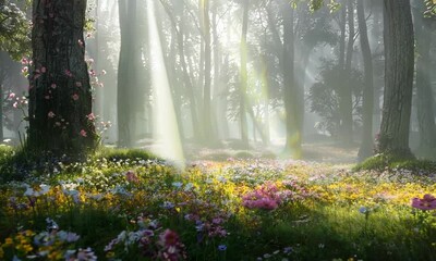 Poster - Spring forest with blooming flowers, Video