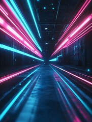 Poster - Futuristic 3D rendered abstract image showcasing arrow speed motion light effect with vibrant blue and pink glow on a dark background  Kinetic trail patterns generative design