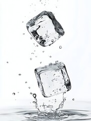 Poster - Frozen water splash with ice cube on a clean minimalist white background  This abstract image showcases the dynamic nature of liquids