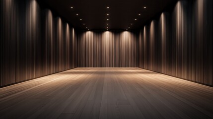 A large empty room with wooden walls and a wooden floor. The room is lit with lights, giving it a warm and inviting atmosphere