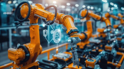 Poster - A robot is shown in a factory with a blue screen on its arm