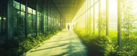 Sunlit Walkway Through Glass-Walled Corridor With Greenery