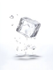 Poster - High contrast close up shot of a single transparent frozen ice cube with water droplets suspended in a minimalist studio setting  The ice cube appears to be floating creating a sleek modern