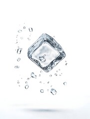 Poster - Highly close up view of an ice cube with a crystal like textured surface floating on a smooth reflective surface  The transparent cube appears to be made of clear glass