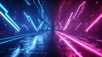 Poster - Mesmerizing abstract 3D rendered image showcasing dynamic arrow shaped light effects with a vibrant blend of glowing blue and pink hues against a dark futuristic cityscape backdrop