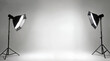 © Sachin - Professional photography studio setup with two softbox lights on stands, illuminating a clean white backdrop, creating an elegant monochromatic environment for portrait or product shoots