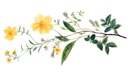 Wall Mural - Drawing of a yellow flower and wild herb composed on a twig with leaves and flowers. Botanical illustration composition made from watercolors.