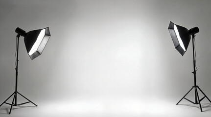 Professional photography studio setup with two softbox lights on stands, illuminating a clean white backdrop, creating an elegant monochromatic environment for portrait or product shoots