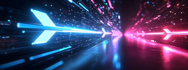 Poster - Mesmerizing Abstract Arrow Speed Motion Light Effect with Blue and Pink Glow on Dark Background  Fluid motion blur luminescent highlights and cinematic depth of field create a captivating futuristic