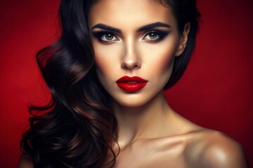 sensual glamour portrait of beautiful woman model lady with fresh daily makeup with red lips color and clean healthy skin face