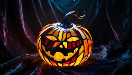 Wall Mural - Illuminated Halloween Jack-o’-lantern in Dark Setting