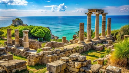 Ancient Greek ruins of Aspra, Sicily, with crumbling columns, worn stone walls, and vibrant greenery, set against a bright blue Mediterranean Sea backdrop.