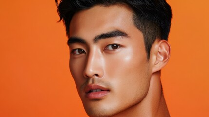 Close-up Portrait of Young Asian Man with Smooth Skin.