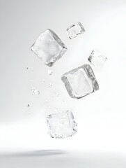 Poster - Minimalist still life photography showcasing a group of transparent frozen ice cubes or ice blocks hovering in the air against a clean blank white background  Conceptual abstract