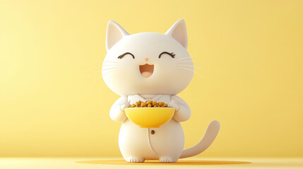 A cheerful cartoon cat character holds bowl of food against bright yellow background, radiating joy and playfulness. This adorable design captures sense of happiness and fun