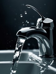 Wall Mural - Close-up of a leaking faucet, showcasing water droplets in motion.