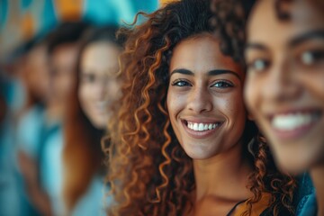 A portrait of a young woman with curly hair smiling, surrounded by a diverse group of people in a blurred background, capturing a moment of joy and community.