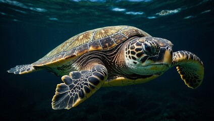 Close-up of green sea turtle on black background.