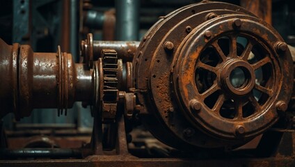 Close-up of weathered industrial machinery with rust and age.