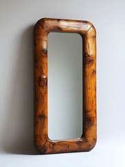 Poster - Photograph of a full length wooden framed mirror isolated on a clean white background showcasing a minimalist and rustic home decor design element with natural wood texture and elegant simplicity