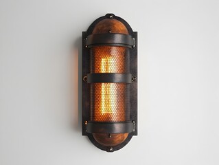 Poster - Photograph of a modern industrial inspired wall sconce with a sleek minimalist design  The fixture features clean lines a matte metallic finish and a minimalist silhouette