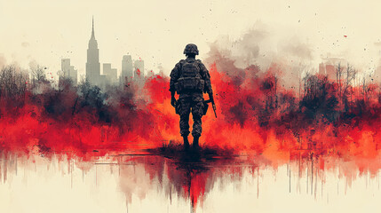 A soldier stands against a backdrop of a burning city.