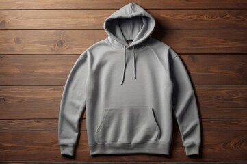 Gray hoodie mockup on wooden background. Hoodie mockup template for catalog photos