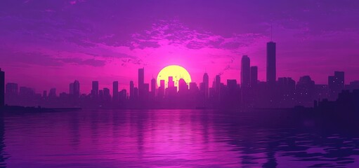 Cityscape Sunset with Purple Sky and Water.