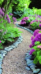 Sticker - Stone Path Winding Through a Lush Garden with Purple Flowers.