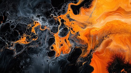 Poster - This artwork features a mesmerizing blend of orange and black, with intricate patterns and textures forming a dynamic and energetic composition, illuminated by soft light