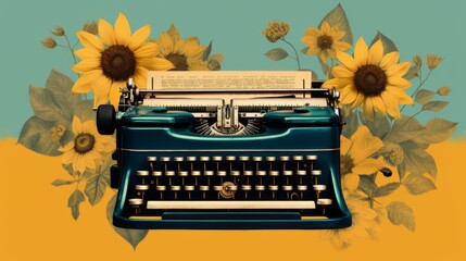 Typewriter collage creative picture. Mechanical retro keyboard with flower isolated on beige background