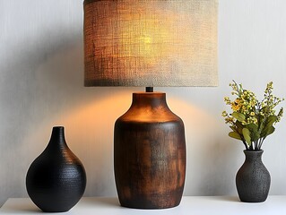 Rustic wooden table lamp with a warm textured burlap shade creating a cozy and inviting ambiance isolated on a clean white background