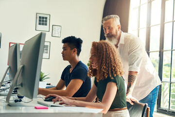 Wall Mural - Business people, computer and collaboration for feedback, research and communication with project. Web development, technology and teamwork for coding, programming and building software in office