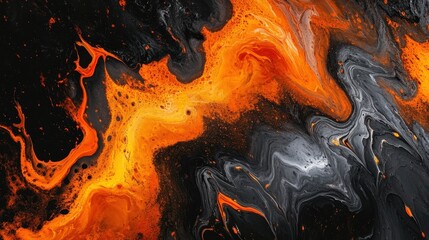 Poster - Intricate patterns emerge as orange and black paint blend in a striking abstract display, evoking emotion and energy through their vibrant interaction in a contemporary style